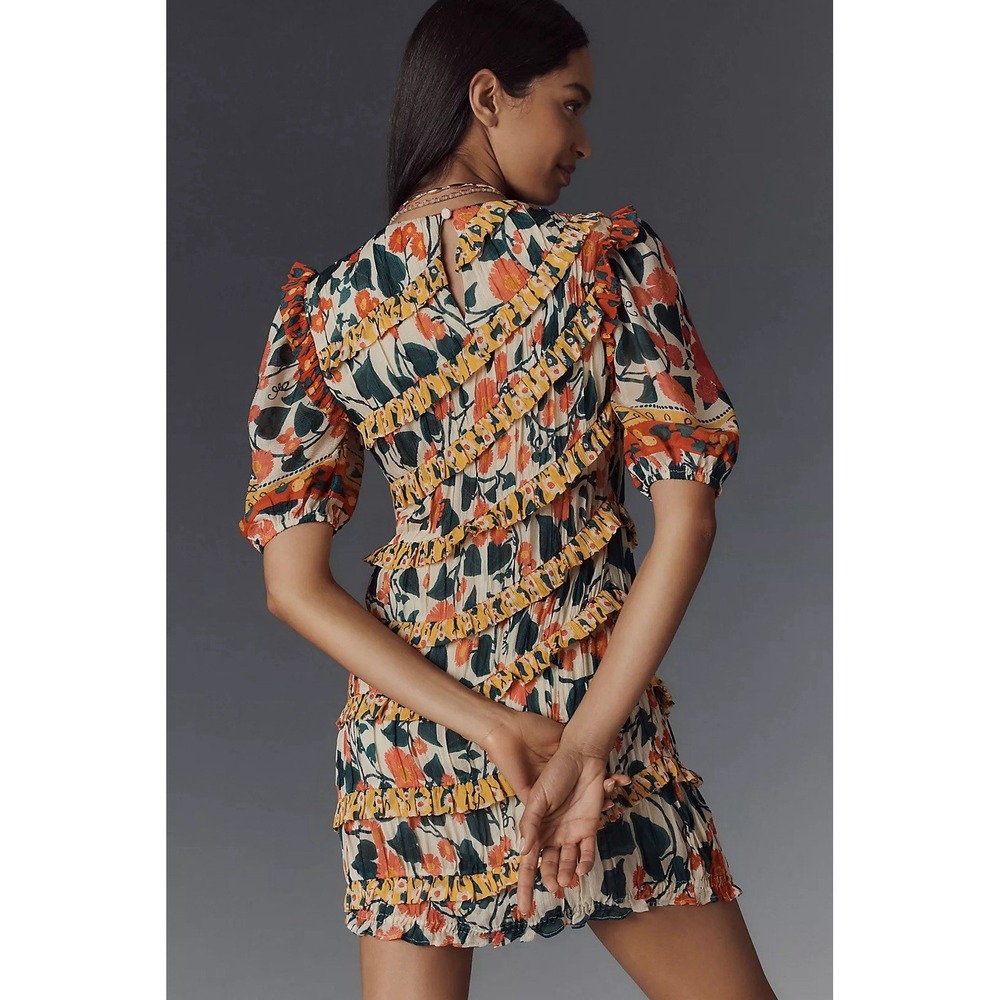 Farm Rio x Anthropologie Puff-Sleeve Fitted Mini Dress. Size L EUC Boho Colorful - Picture 3 of 11
